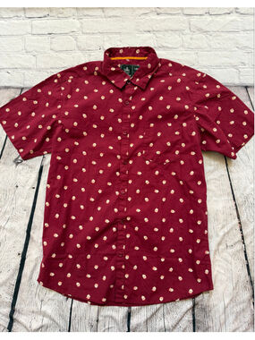 Men's Rugby Casual Button Down Shirt Large Red Santa Print